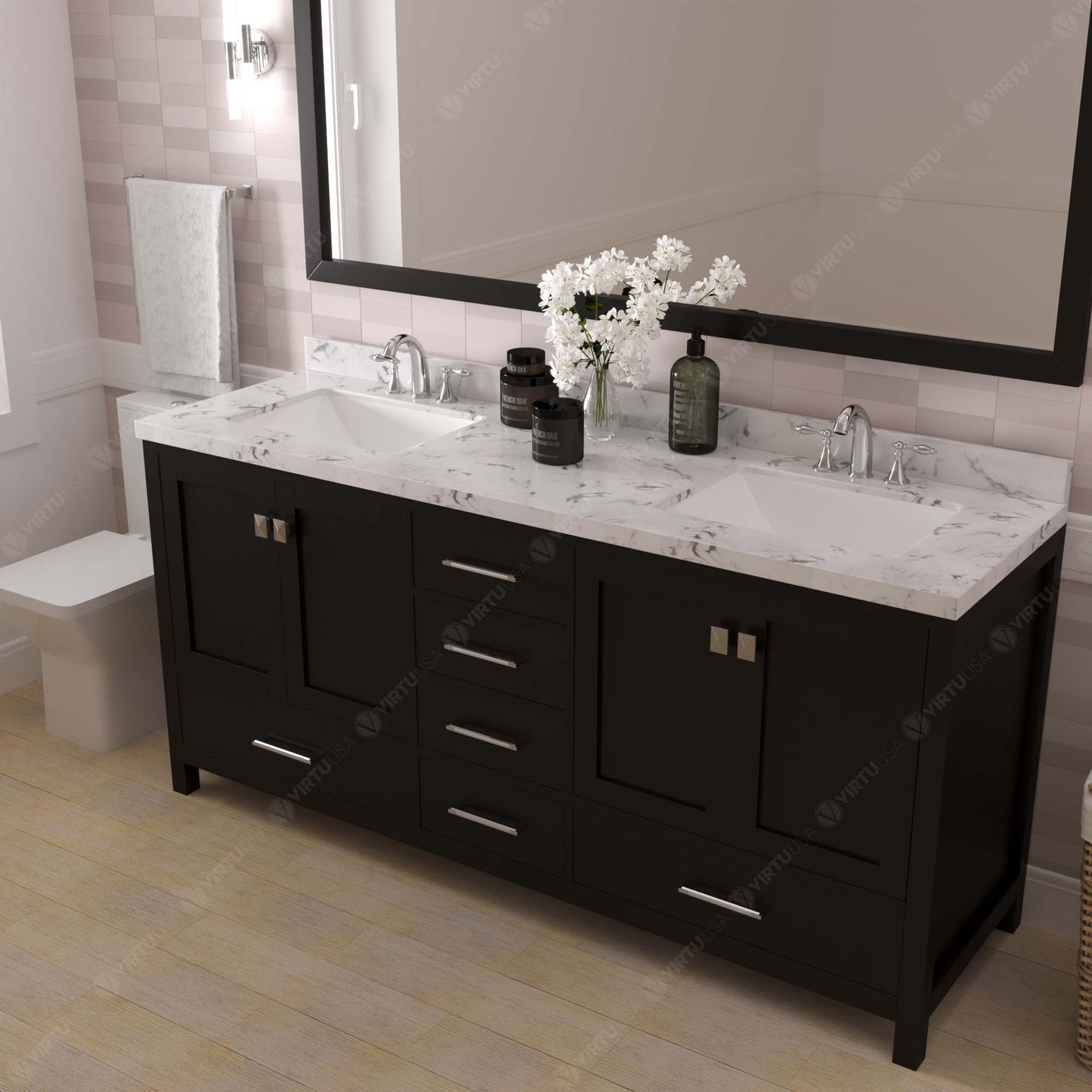 GD-50072-CMSQ-ES Espresso Caroline Avenue 72" Double Bath Vanity Set with Cultured Marble Quartz Top & Rectangular Centered Basin, Mirror side