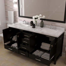 Load image into Gallery viewer, GD-50072-CMSQ-ES Espresso Caroline Avenue 72&quot; Double Bath Vanity Set with Cultured Marble Quartz Top &amp; Rectangular Centered Basin, Mirror open