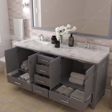 Load image into Gallery viewer, GD-50072-CMSQ-GR Gray Caroline Avenue 72&quot; Double Bath Vanity Set with Cultured Marble Quartz Top &amp; Rectangular Centered Basin, Mirror open
