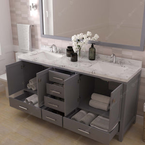 GD-50072-CMSQ-GR Gray Caroline Avenue 72" Double Bath Vanity Set with Cultured Marble Quartz Top & Rectangular Centered Basin, Mirror open