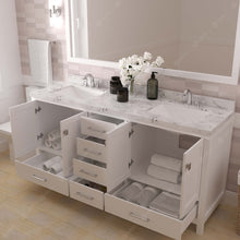 Load image into Gallery viewer, GD-50072-CMSQ-WH White Caroline Avenue 72&quot; Double Bath Vanity Set with Cultured Marble Quartz Top &amp; Rectangular Centered Basin, Mirror open