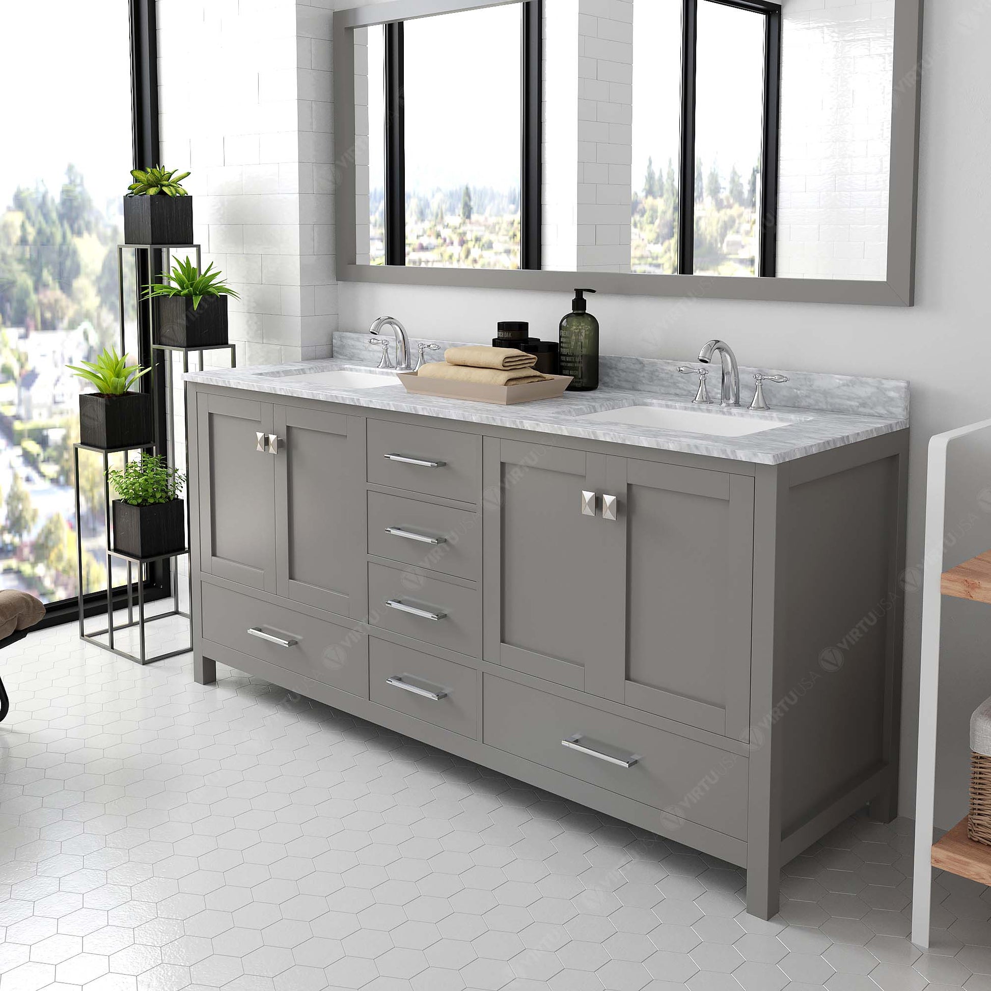 GD-50072-WMSQ-CG Cashmere Gray Caroline Avenue 72" Double Bath Vanity Set with Italian Carrara White Marble Top & Rectangular Double Centered Basin, 1 Mirror side