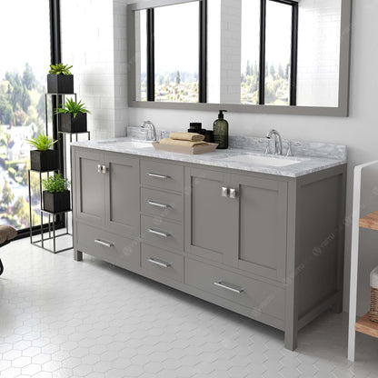 GD-50072-WMSQ-CG Cashmere Gray Caroline Avenue 72" Double Bath Vanity Set with Italian Carrara White Marble Top & Rectangular Double Centered Basin, 1 Mirror side