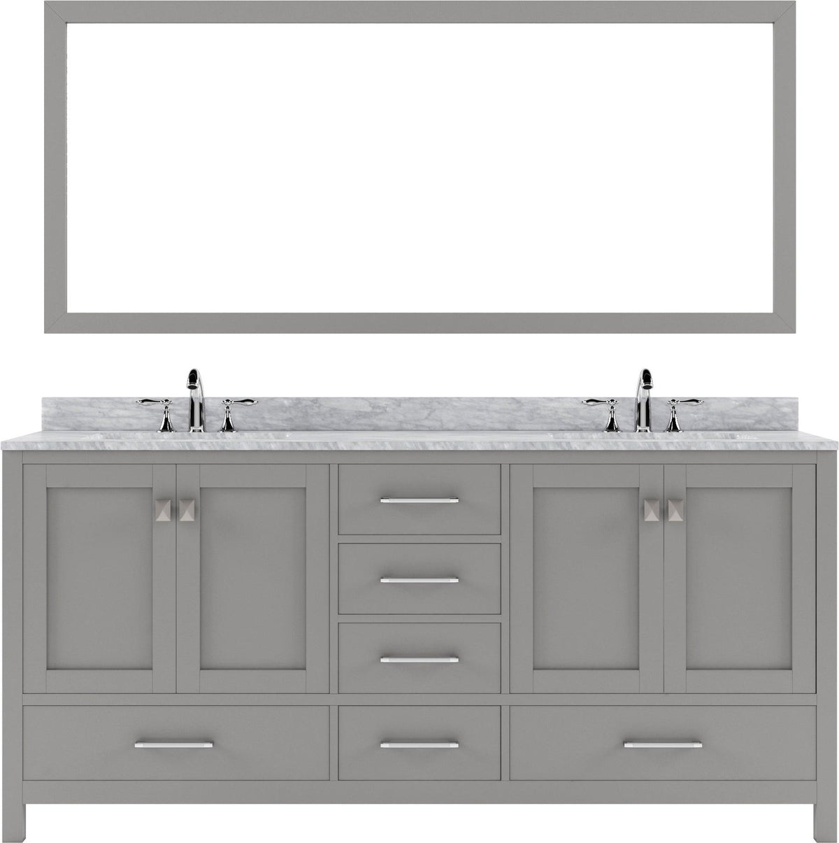 GD-50072-WMSQ-CG Cashmere Gray Caroline Avenue 72" Double Bath Vanity Set with Italian Carrara White Marble Top & Rectangular Double Centered Basin, 1 Mirror