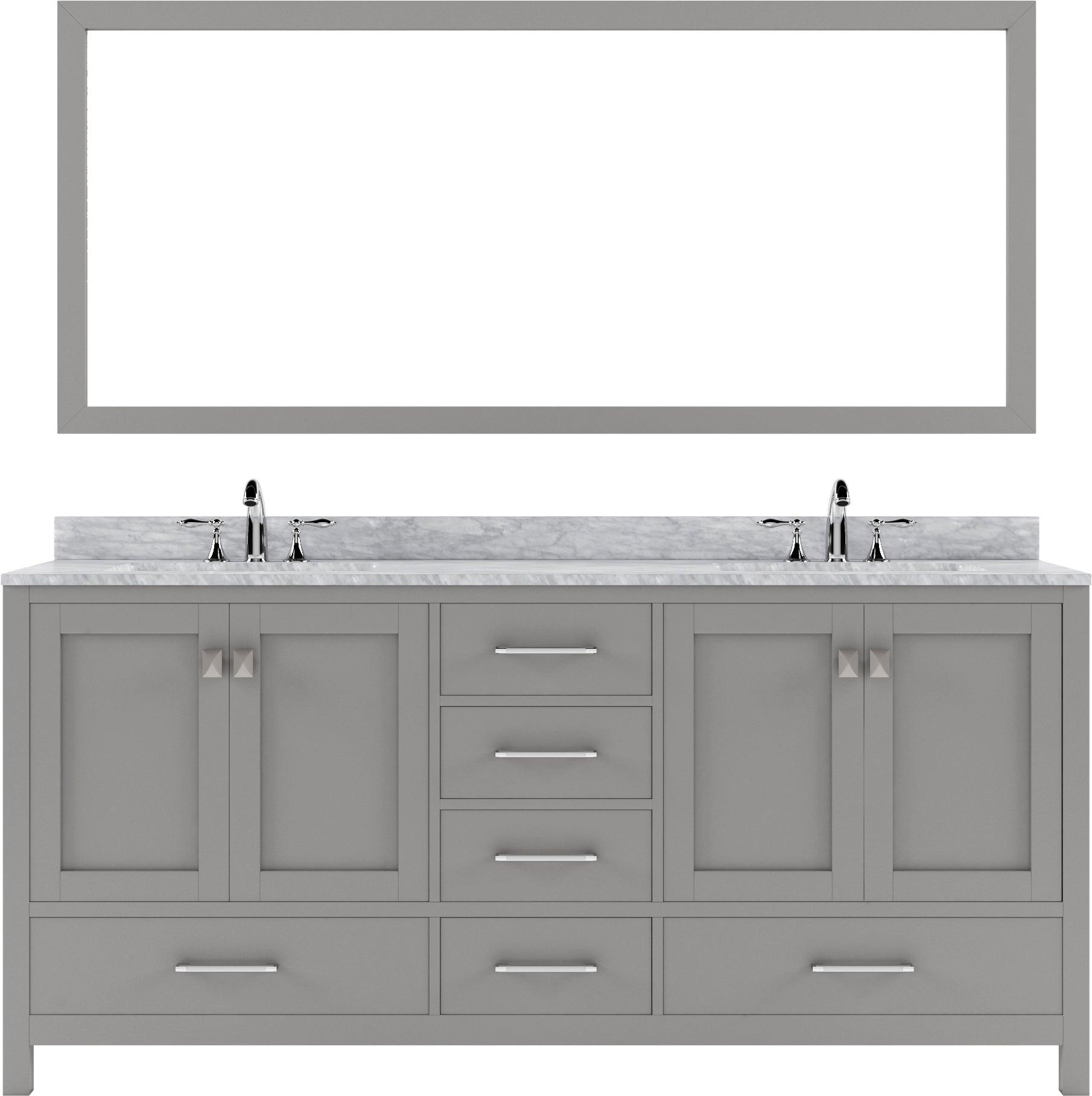 GD-50072-WMSQ-CG Cashmere Gray Caroline Avenue 72" Double Bath Vanity Set with Italian Carrara White Marble Top & Rectangular Double Centered Basin, 1 Mirror