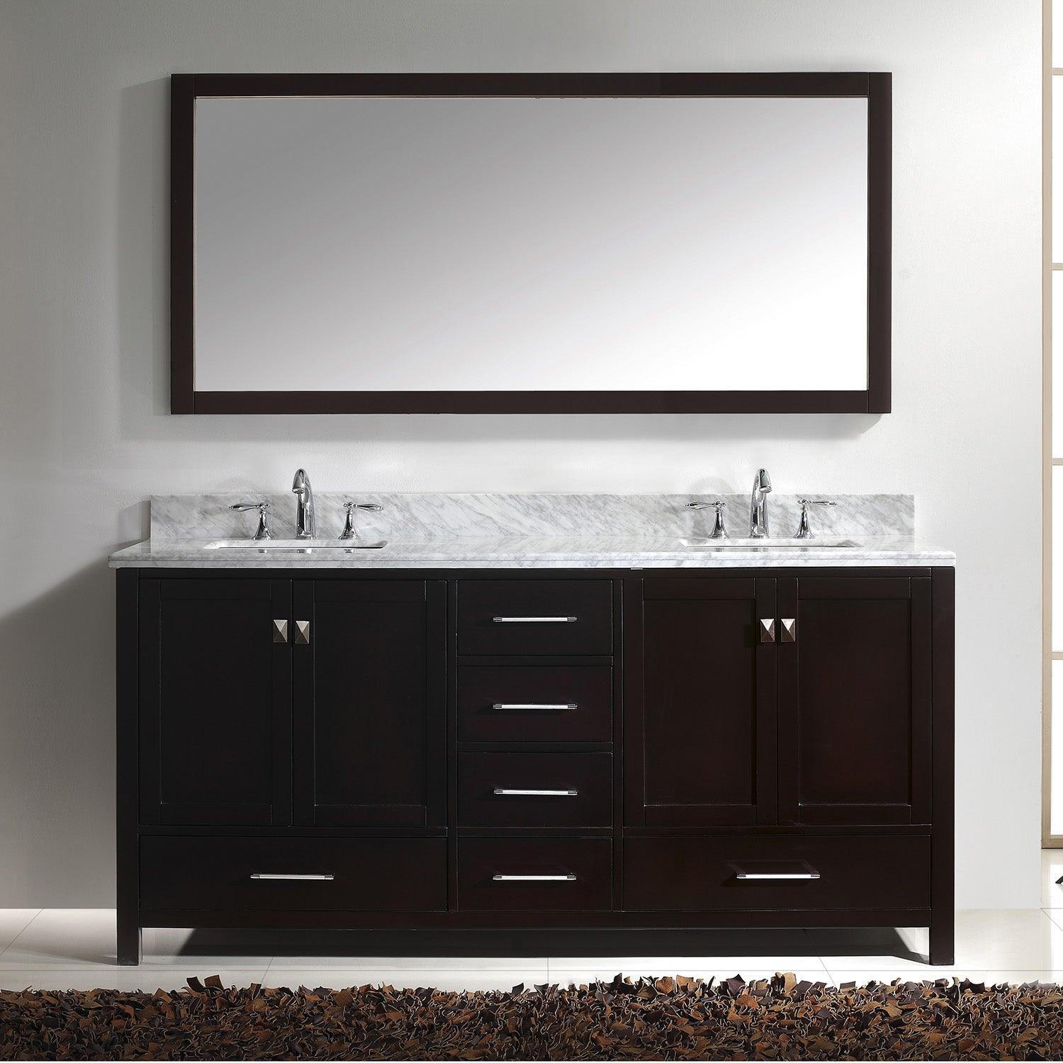 GD-50072-WMSQ-ES ESpresso Caroline Avenue 72" Double Bath Vanity Set with Italian Carrara White Marble Top & Rectangular Double Centered Basin, 1 Mirror