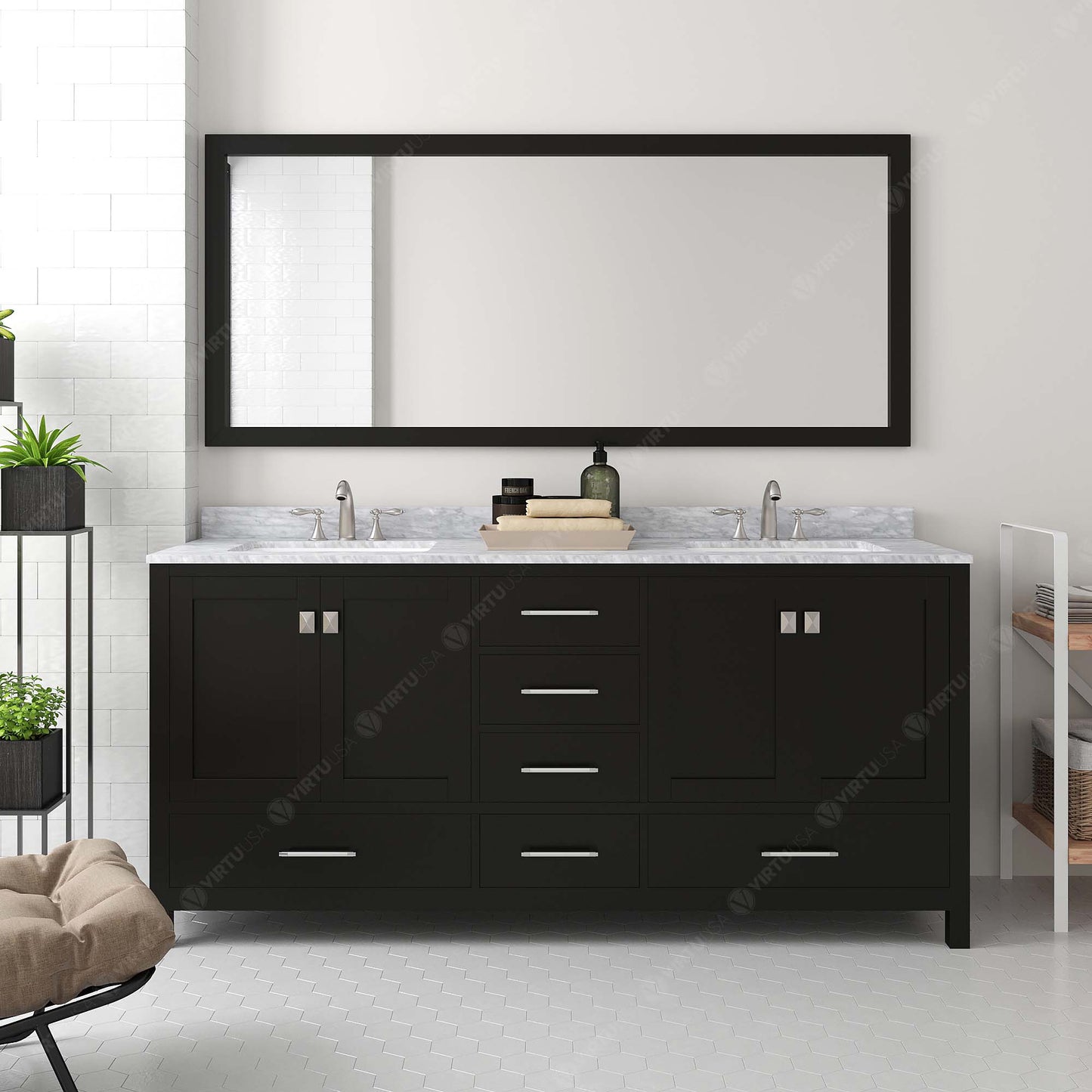 GD-50072-WMSQ-ES ESpresso Caroline Avenue 72" Double Bath Vanity Set with Italian Carrara White Marble Top & Rectangular Double Centered Basin, 1 Mirror styled