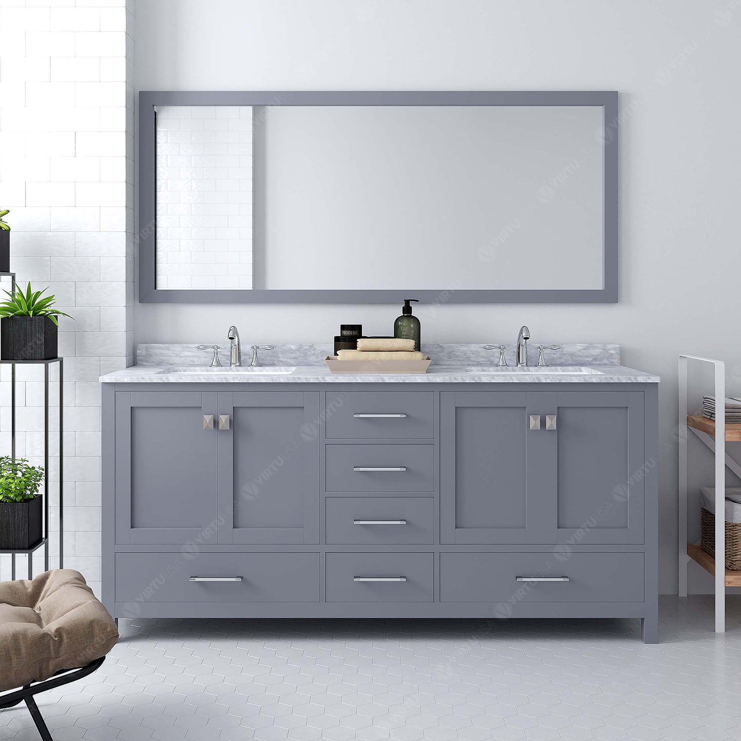 GD-50072-WMSQ-GR Gray Caroline Avenue 72" Double Bath Vanity Set with Italian Carrara White Marble Top & Rectangular Double Centered Basin, 1 Mirror styled