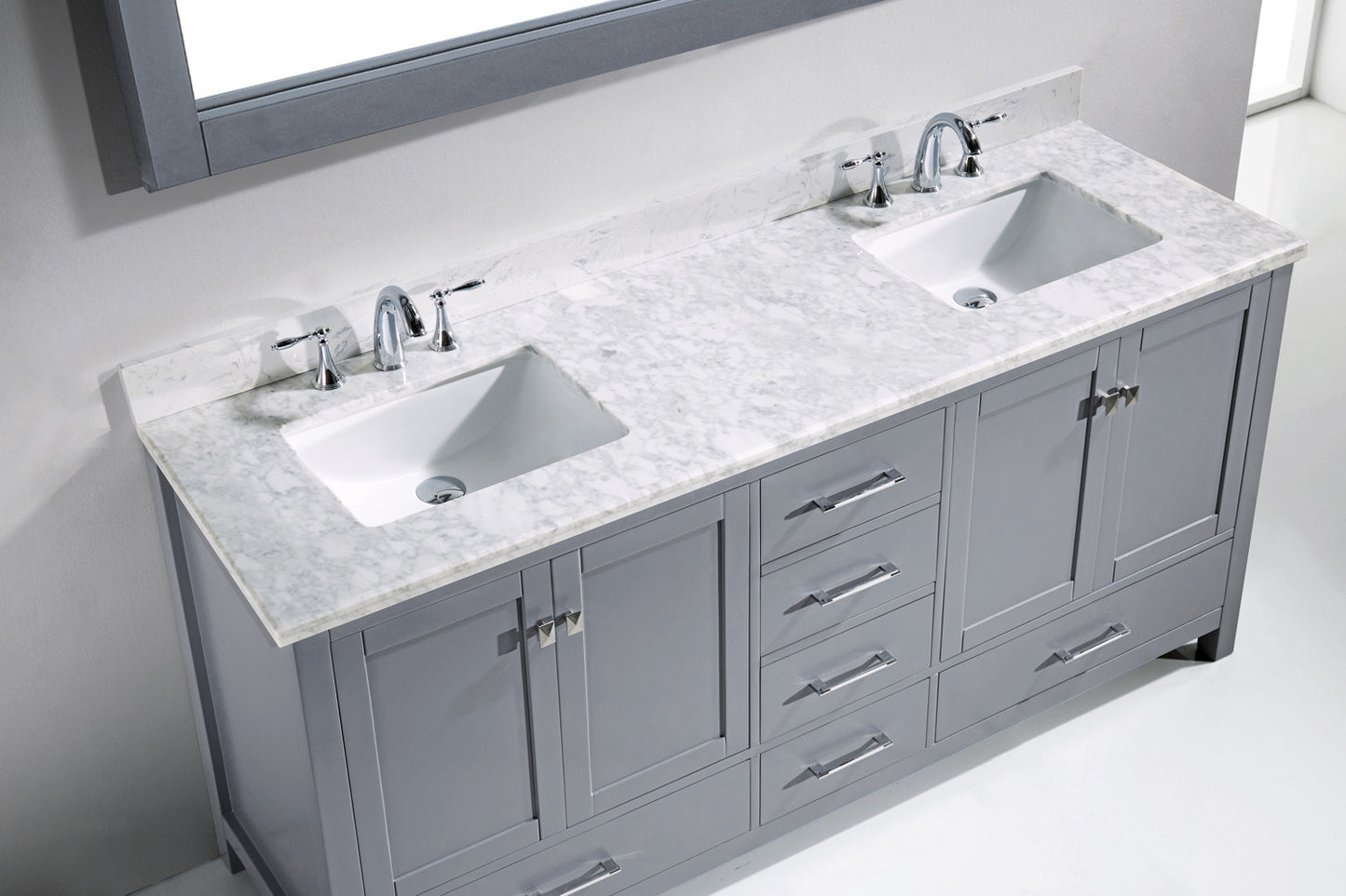 GD-50072-WMSQ-GR Gray Caroline Avenue 72" Double Bath Vanity Set with Italian Carrara White Marble Top & Rectangular Double Centered Basin, 1 Mirror up