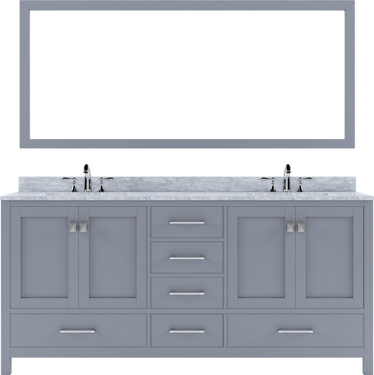 GD-50072-WMSQ-GR Gray Caroline Avenue 72" Double Bath Vanity Set with Italian Carrara White Marble Top & Rectangular Double Centered Basin, 1 Mirror