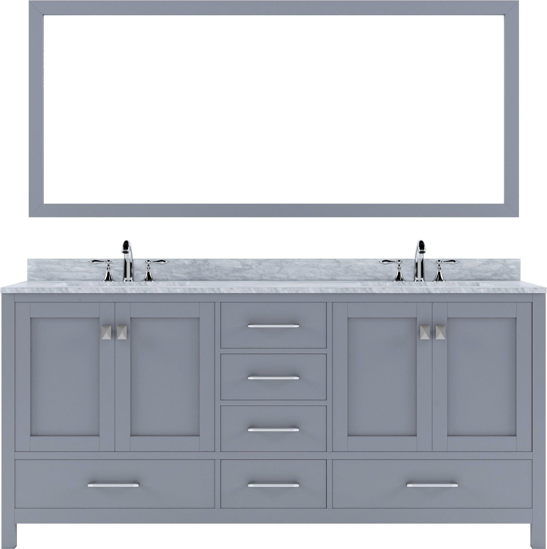 GD-50072-WMSQ-GR Gray Caroline Avenue 72" Double Bath Vanity Set with Italian Carrara White Marble Top & Rectangular Double Centered Basin, 1 Mirror