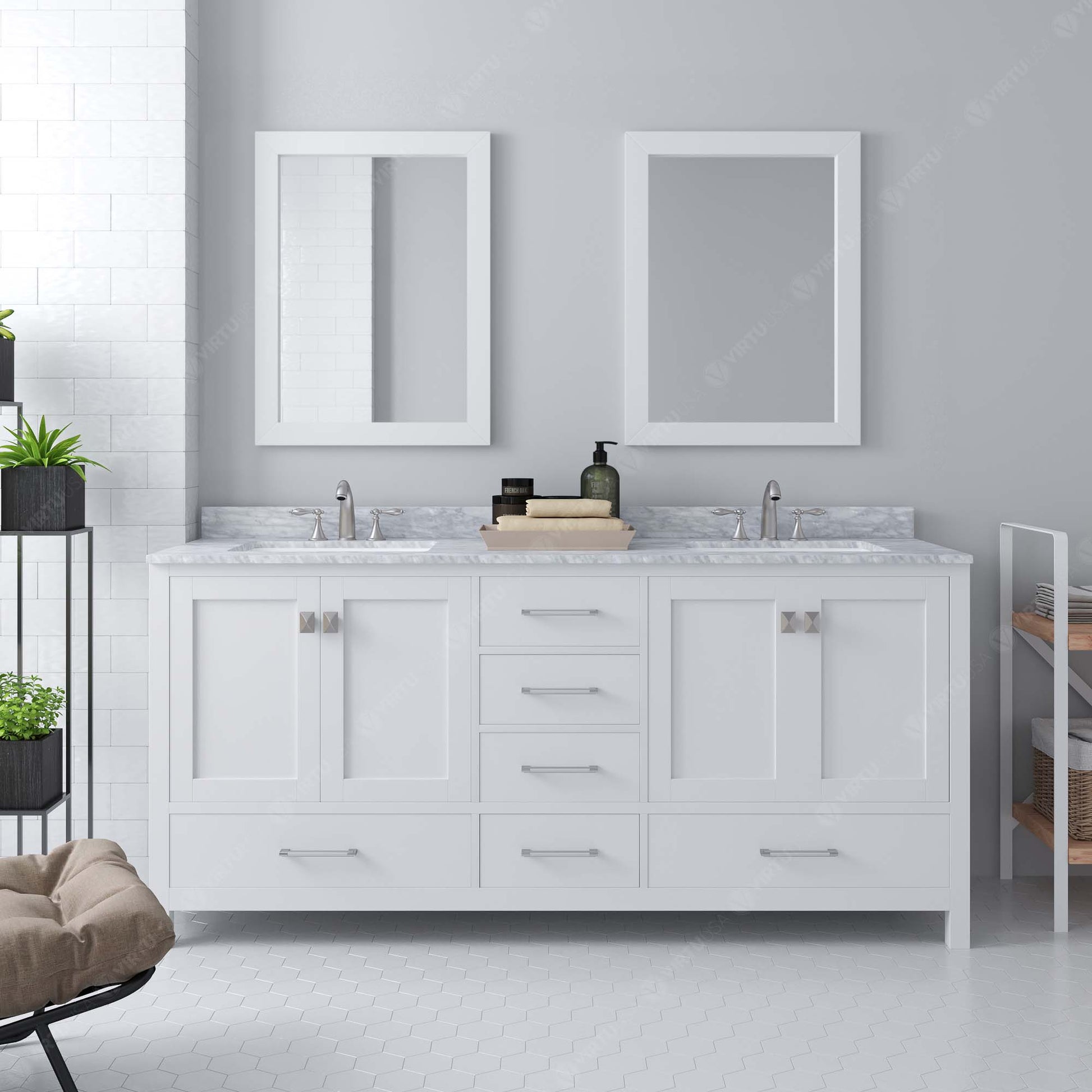 GD-50072-WMSQ-WH White Caroline Avenue 72" Double Bath Vanity Set with Italian Carrara White Marble Top & Rectangular Double Centered Basin, 2 Mirrors, styled