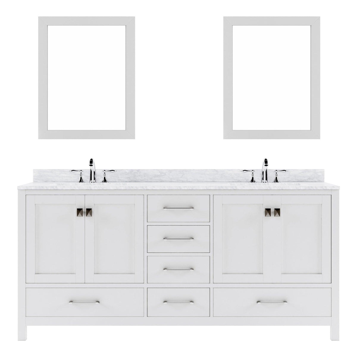GD-50072-WMSQ-WH White Caroline Avenue 72" Double Bath Vanity Set with Italian Carrara White Marble Top & Rectangular Double Centered Basin, 2 Mirrors