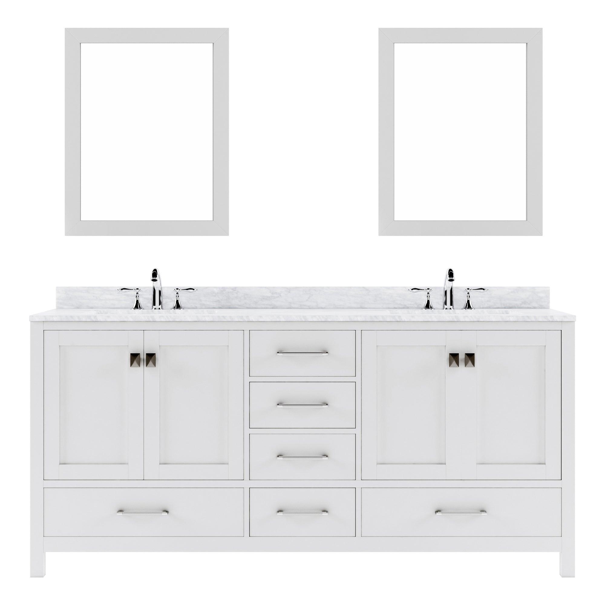 GD-50072-WMSQ-WH White Caroline Avenue 72" Double Bath Vanity Set with Italian Carrara White Marble Top & Rectangular Double Centered Basin, 2 Mirrors