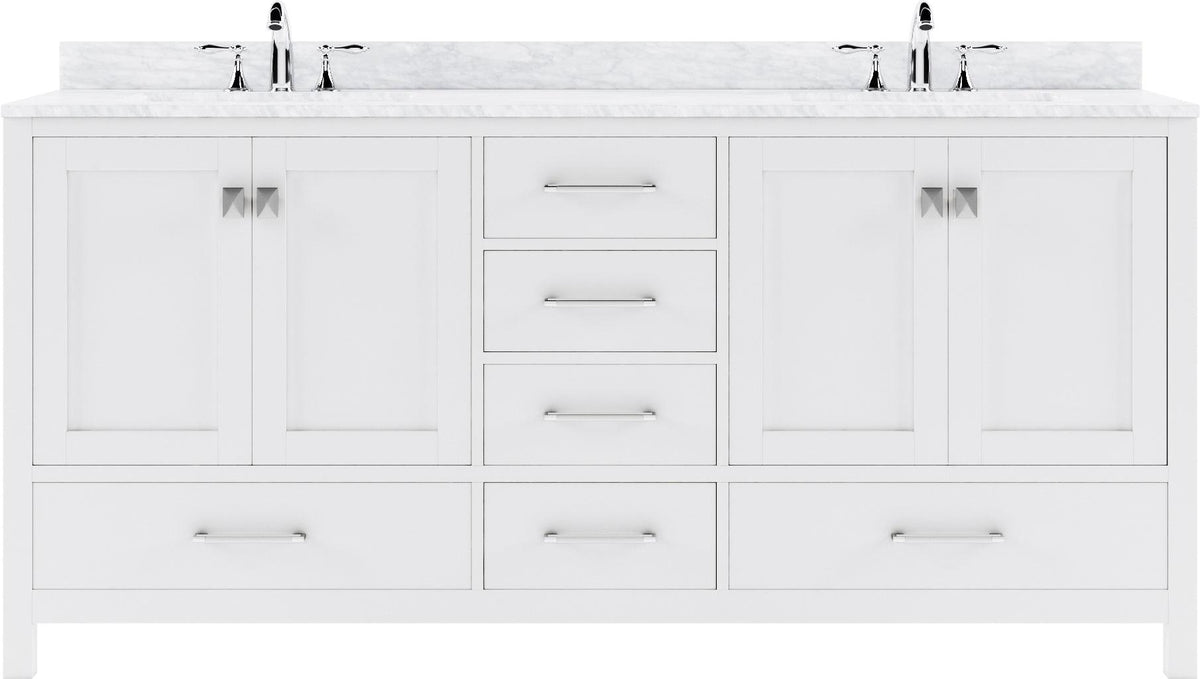 GD-50072-WMSQ-WH White Caroline Avenue 72" Double Bath Vanity Set with Italian Carrara White Marble Top & Rectangular Double Centered Basin