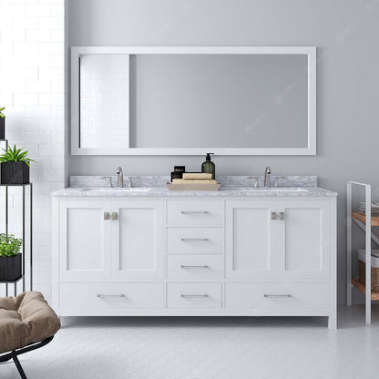 GD-50072-WMSQ-WH White Caroline Avenue 72" Double Bath Vanity Set with Italian Carrara White Marble Top & Rectangular Double Centered Basin, 1 Mirror styled