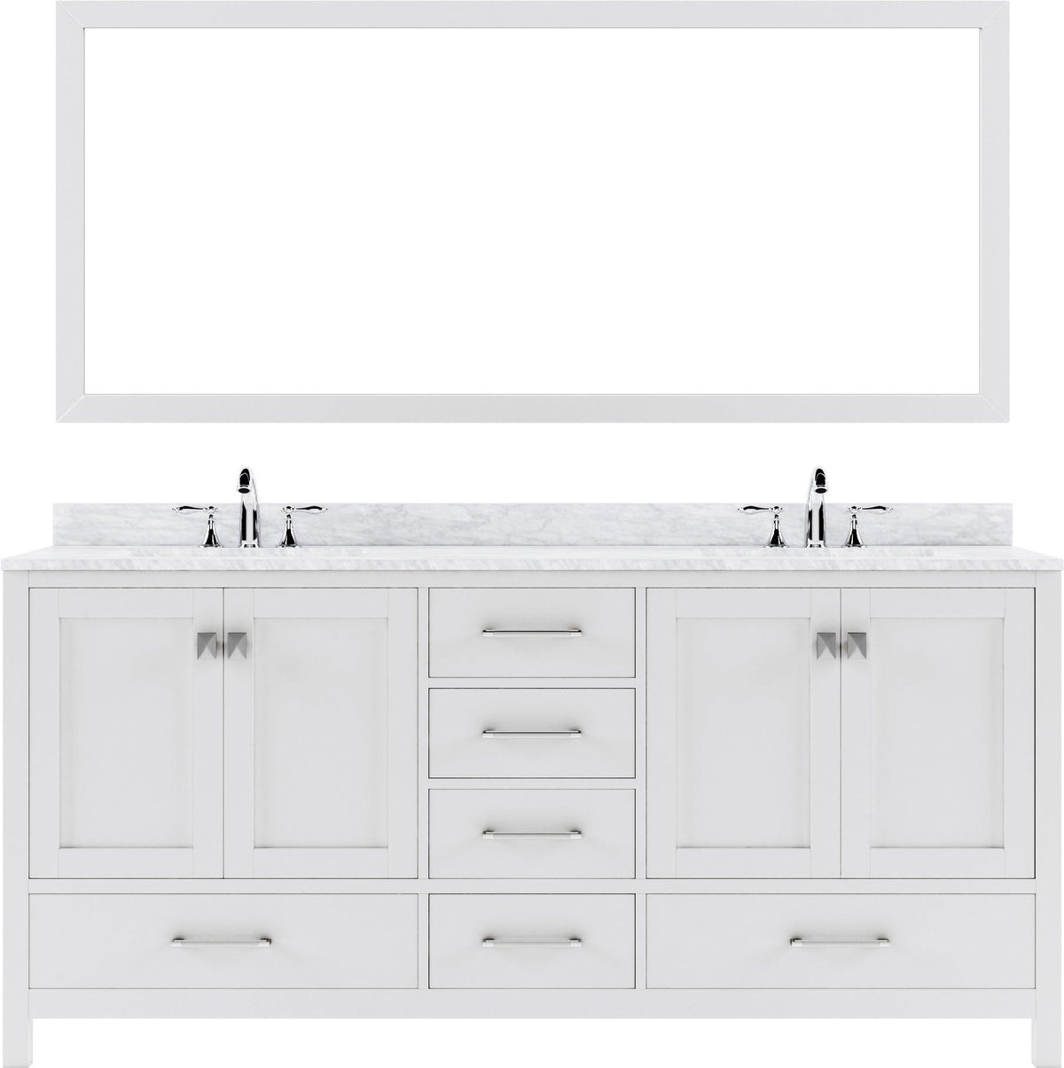 GD-50072-WMSQ-WH White Caroline Avenue 72" Double Bath Vanity Set with Italian Carrara White Marble Top & Rectangular Double Centered Basin, 1 Mirror
