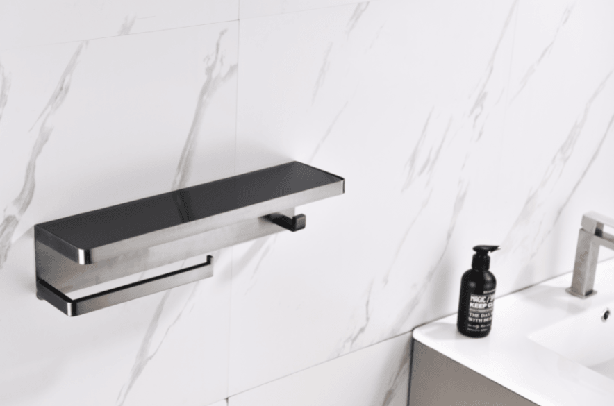 Lexora Bagno Bianca Glass Black / White Shelf w/ Towel Bar & Robe Hook