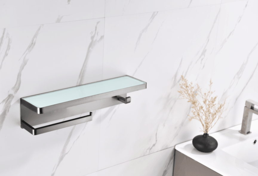 Lexora Bagno Bianca Glass Black / White Shelf w/ Towel Bar & Robe Hook