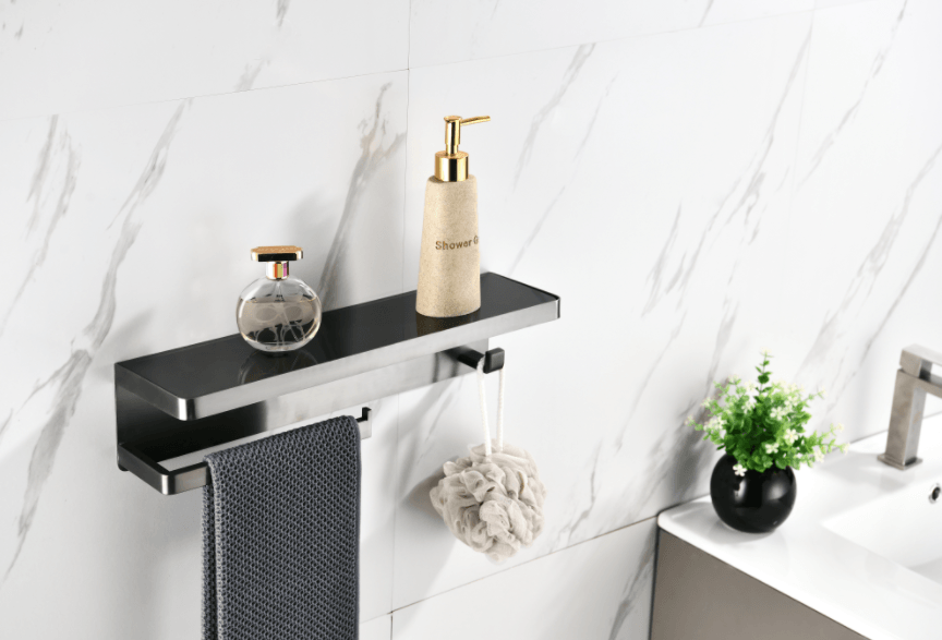 Lexora Bagno Bianca Glass Black / White Shelf w/ Towel Bar & Robe Hook