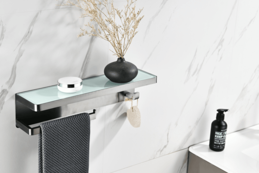 Lexora Bagno Bianca Glass Black / White Shelf w/ Towel Bar & Robe Hook