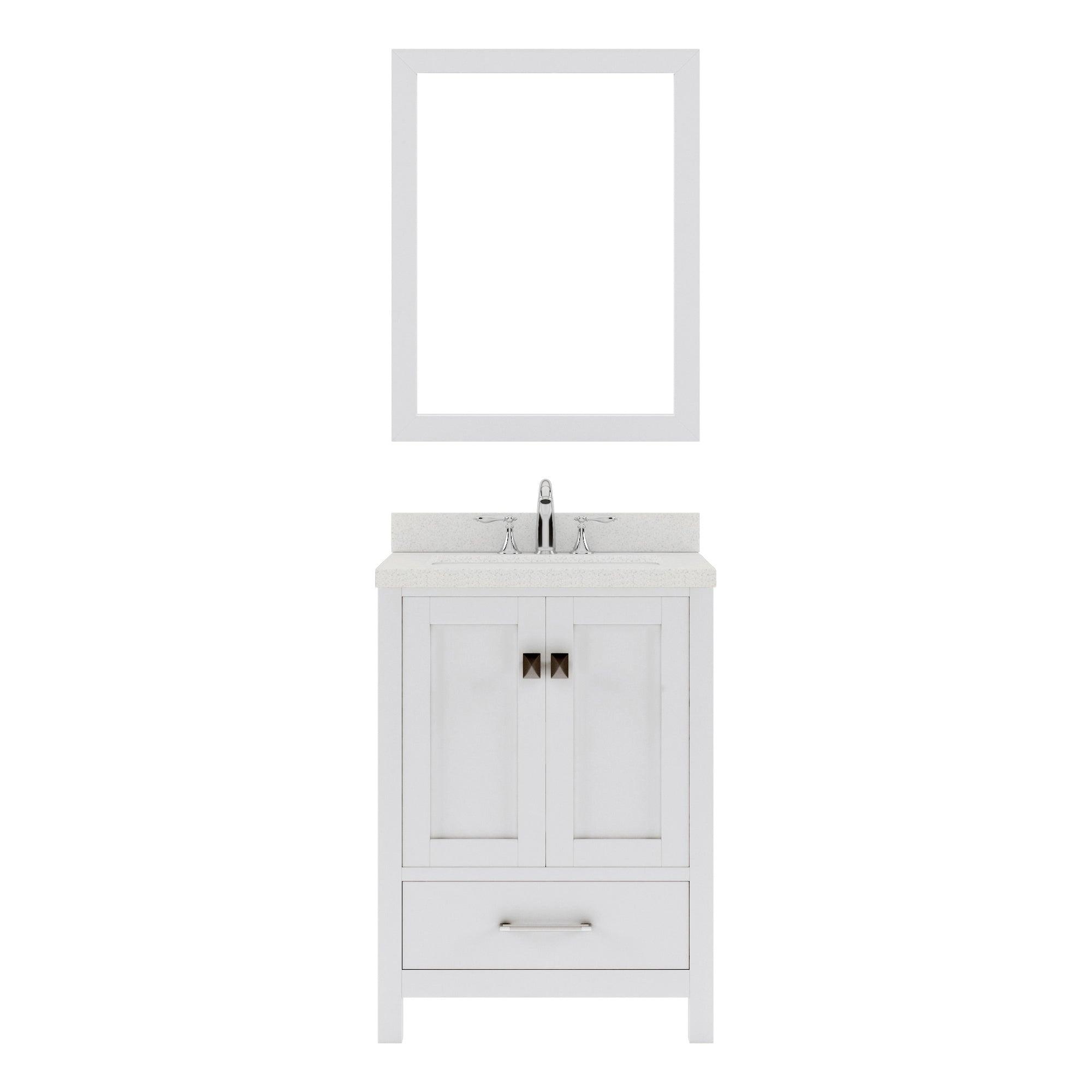 GS-50024-DWQSQ-WH White Caroline Avenue 24" Single Bath Vanity Set with Dazzle White Quartz Top & Rectangular Centered Basin, mirror