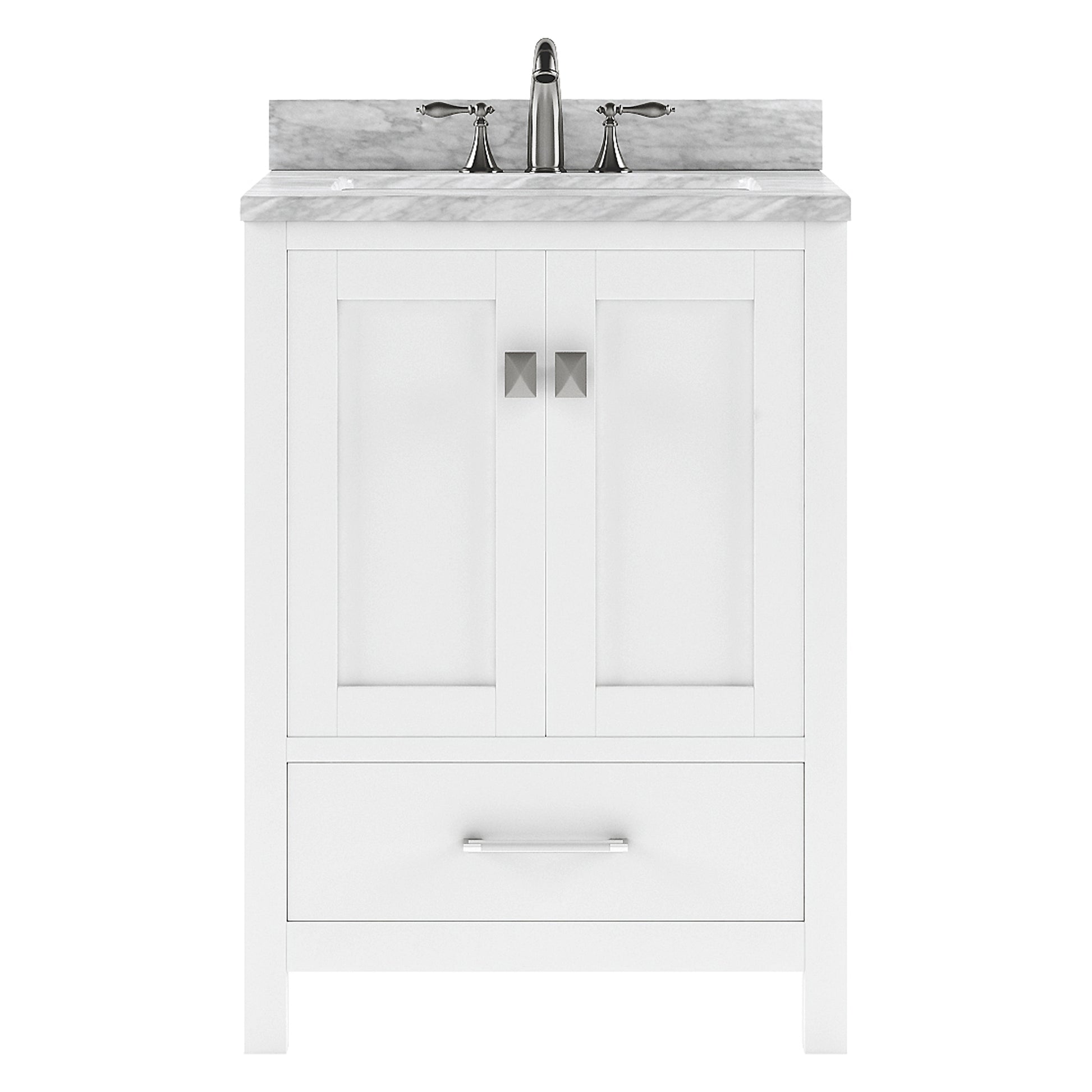 GS-50024-WMSQ-WH White Caroline Avenue 24" Single Bath Vanity Set with Italian Carrara White Marble Top & Rectangular Centered Basin