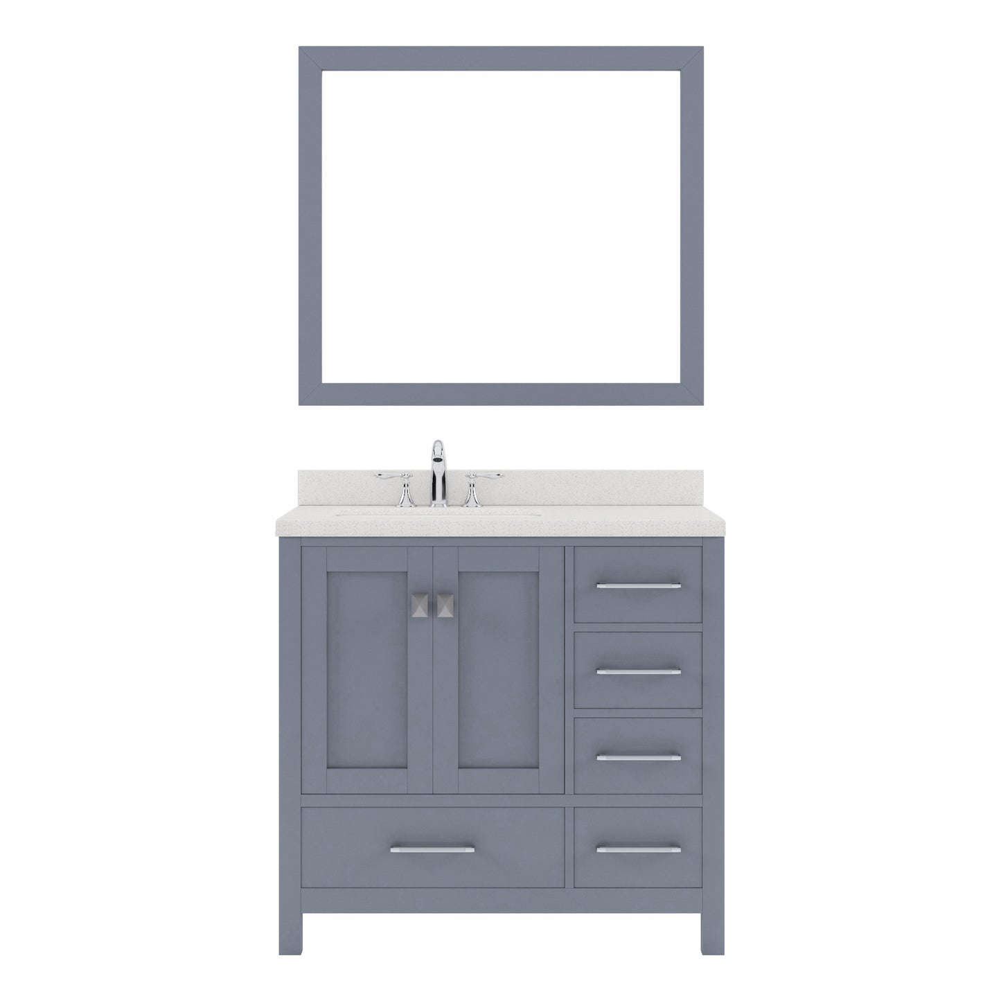 GS-50036-DWQSQ-GR Gray Caroline Avenue 36" Single Bath Vanity Set with Dazzle White Quartz Top & Rectangular Centered Basin, Mirror