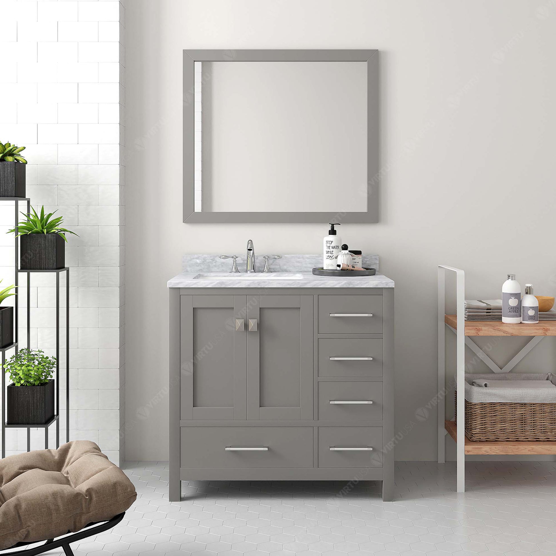 GS-50036-WMRO-CG Cashmere Gray Caroline Avenue 36" Single Bath Vanity Set with Italian Carrara White Marble Top & Oval Left Offset Basin, Mirror