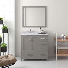 Load image into Gallery viewer, GS-50036-WMRO-CG Cashmere Gray Caroline Avenue 36&quot; Single Bath Vanity Set with Italian Carrara White Marble Top &amp; Oval Left Offset Basin, Mirror