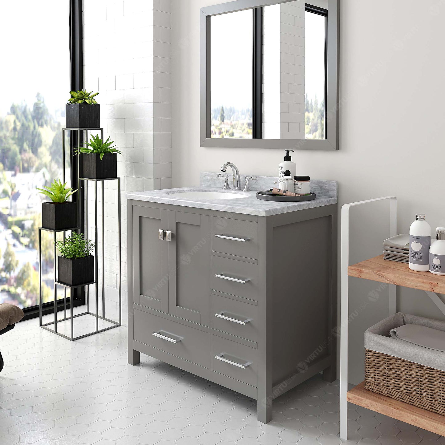 GS-50036-WMRO-CG Cashmere Gray Caroline Avenue 36" Single Bath Vanity Set with Italian Carrara White Marble Top & Oval Left Offset Basin, Mirror side