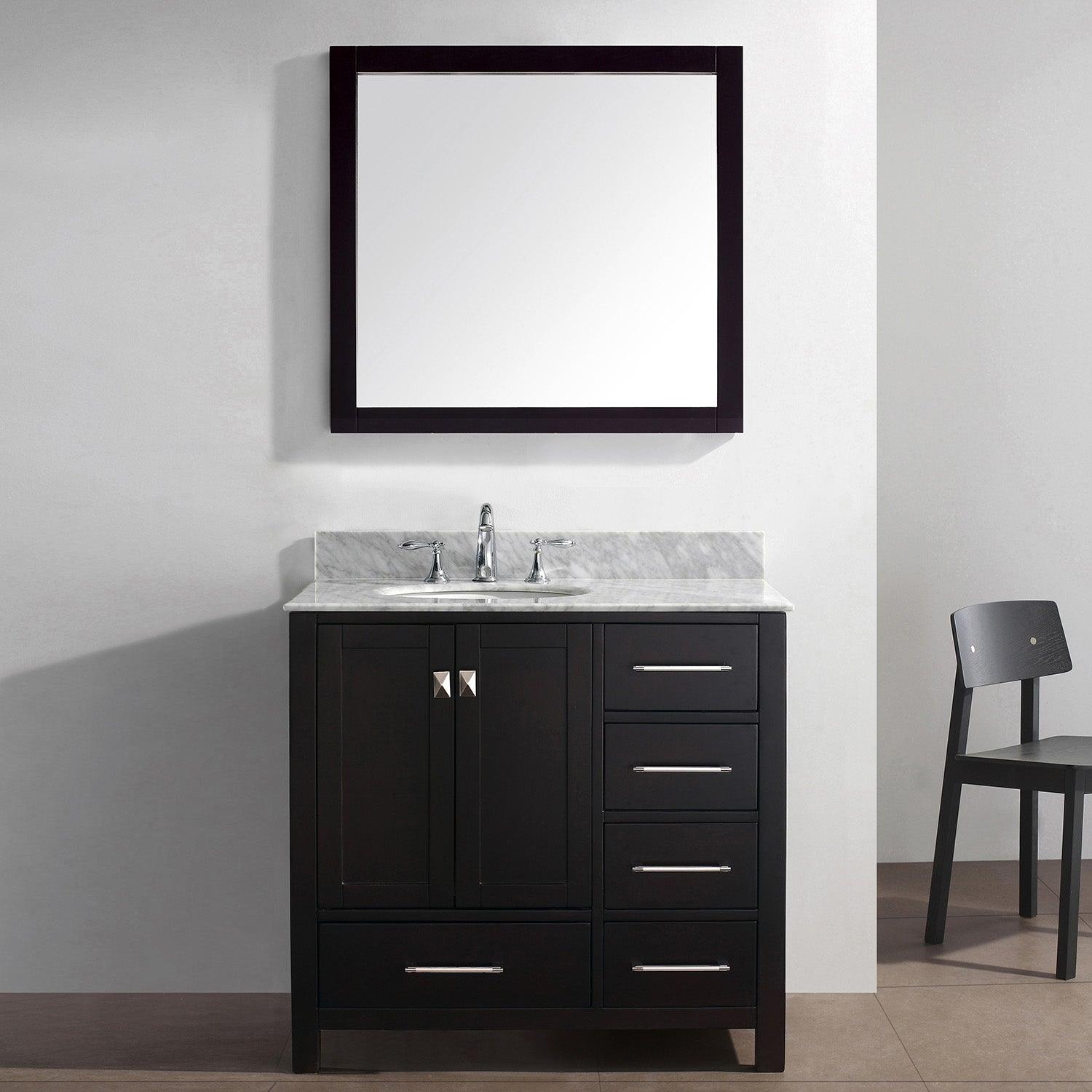 GS-50036-WMRO-ES Espresso Caroline Avenue 36" Single Bath Vanity Set with Italian Carrara White Marble Top & Oval Left Offset Basin, Mirror