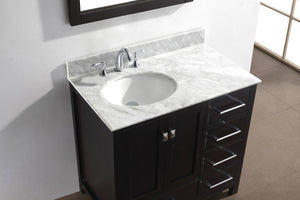 GS-50036-WMRO-ES Espresso Caroline Avenue 36" Single Bath Vanity Set with Italian Carrara White Marble Top & Oval Left Offset Basin, Mirror up