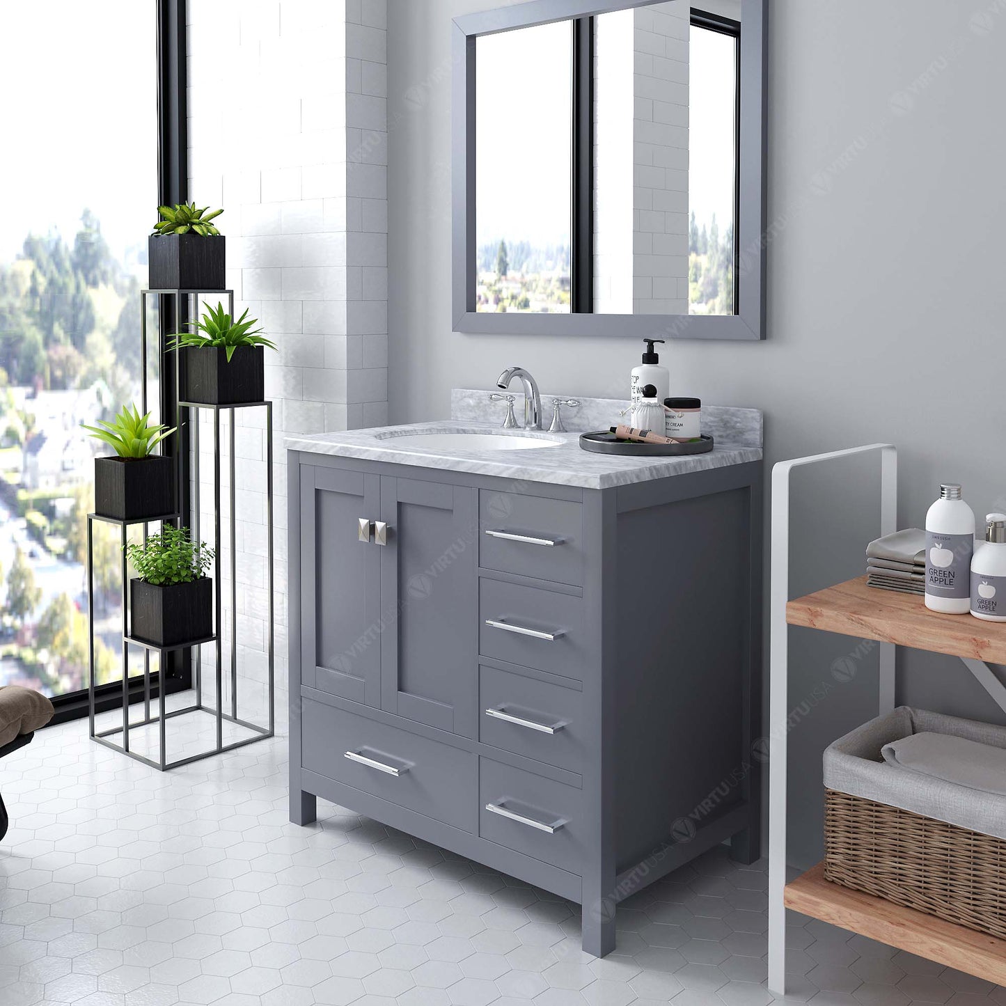 GS-50036-WMRO-GR Gray Caroline Avenue 36" Single Bath Vanity Set with Italian Carrara White Marble Top & Oval Left Offset Basin, Mirror side