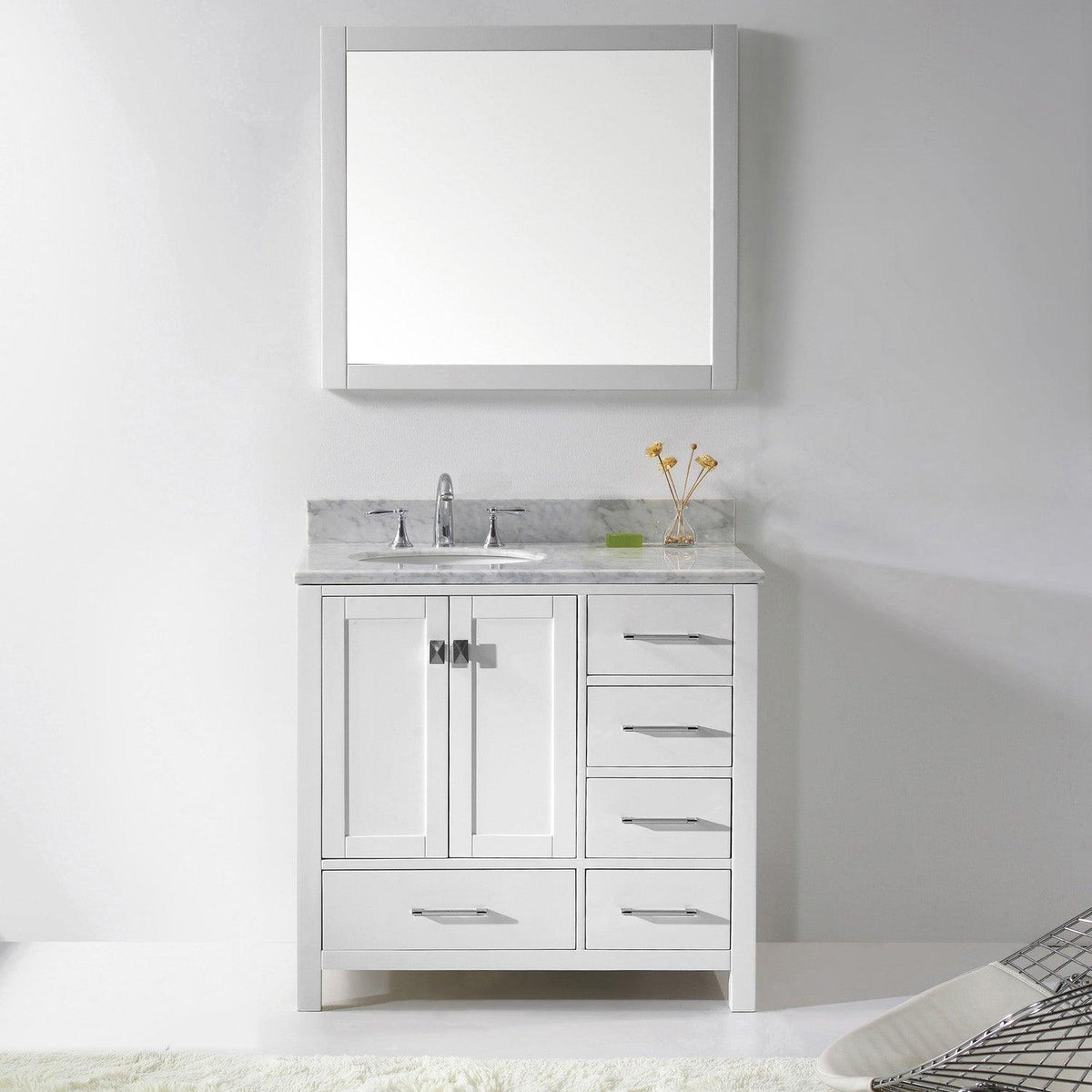GS-50036-WMRO-WH White Caroline Avenue 36" Single Bath Vanity Set with Italian Carrara White Marble Top & Oval Left Offset Basin, Mirror