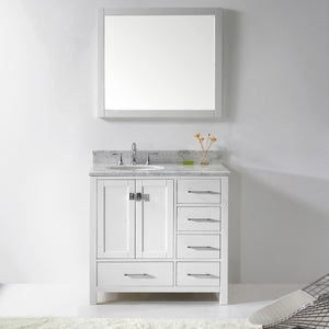 GS-50036-WMRO-WH White Caroline Avenue 36" Single Bath Vanity Set with Italian Carrara White Marble Top & Oval Left Offset Basin, Mirror