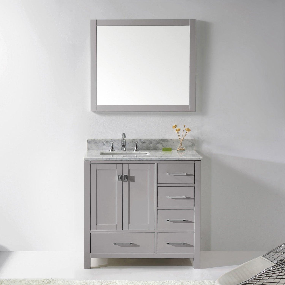 GS-50036-WMSQ-CG Cashmere Gray Caroline Avenue 36" Single Bath Vanity Set with Italian Carrara White Marble Top & Rectangular Left Offset Basin, Mirror