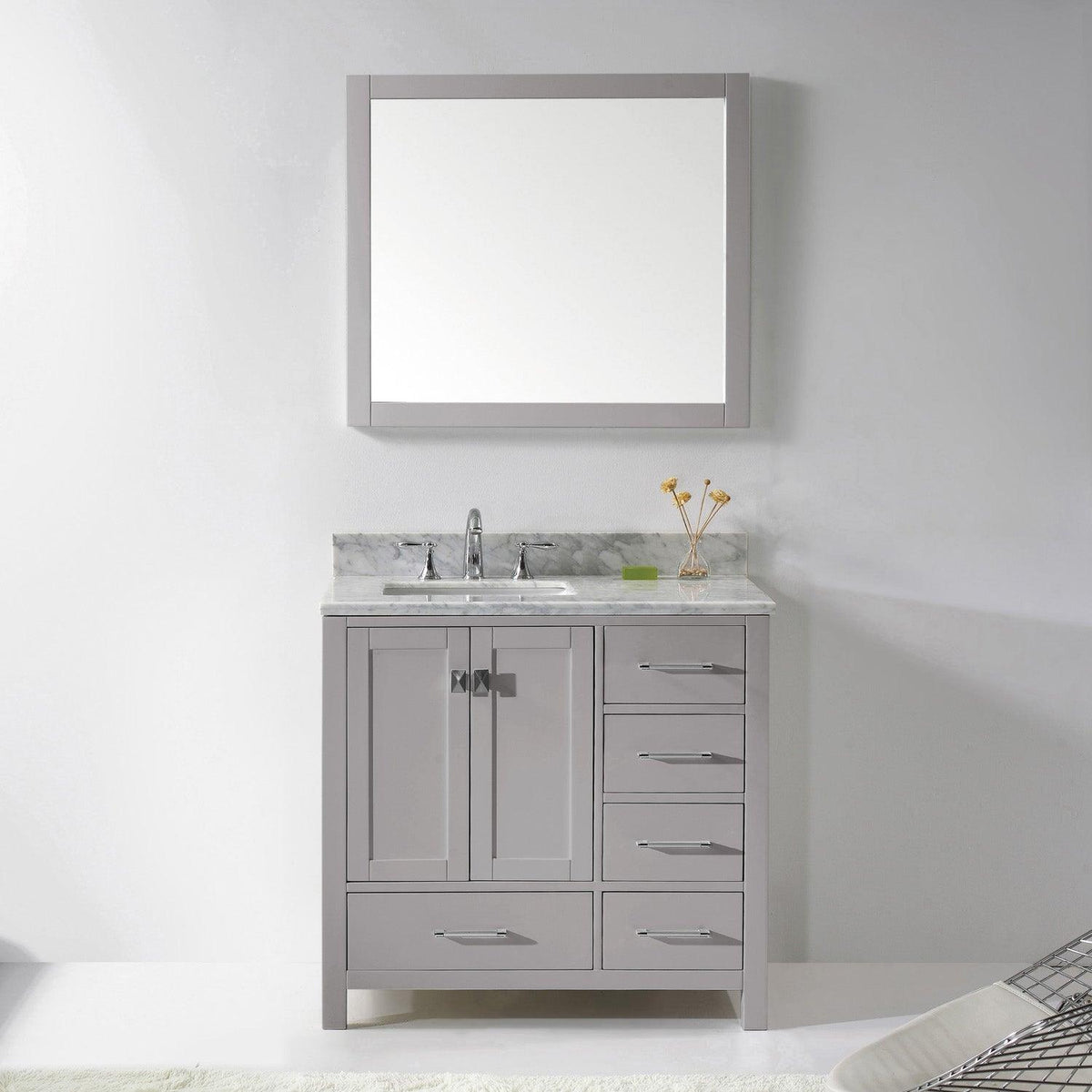 GS-50036-WMSQ-CG Cashmere Gray Caroline Avenue 36" Single Bath Vanity Set with Italian Carrara White Marble Top & Rectangular Left Offset Basin, Mirror