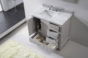 GS-50036-WMSQ-CG Cashmere Gray Caroline Avenue 36" Single Bath Vanity Set with Italian Carrara White Marble Top & Rectangular Left Offset Basin, Mirror up
