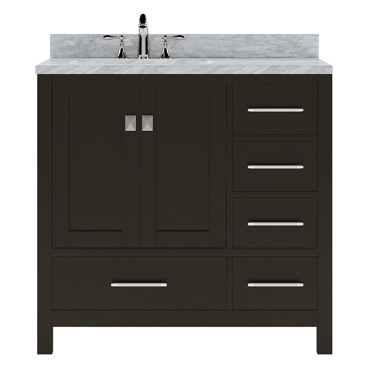 GS-50036-WMSQ-ES Espresso Caroline Avenue 36" Single Bath Vanity Set with Italian Carrara White Marble Top & Rectangular Left Offset Basin