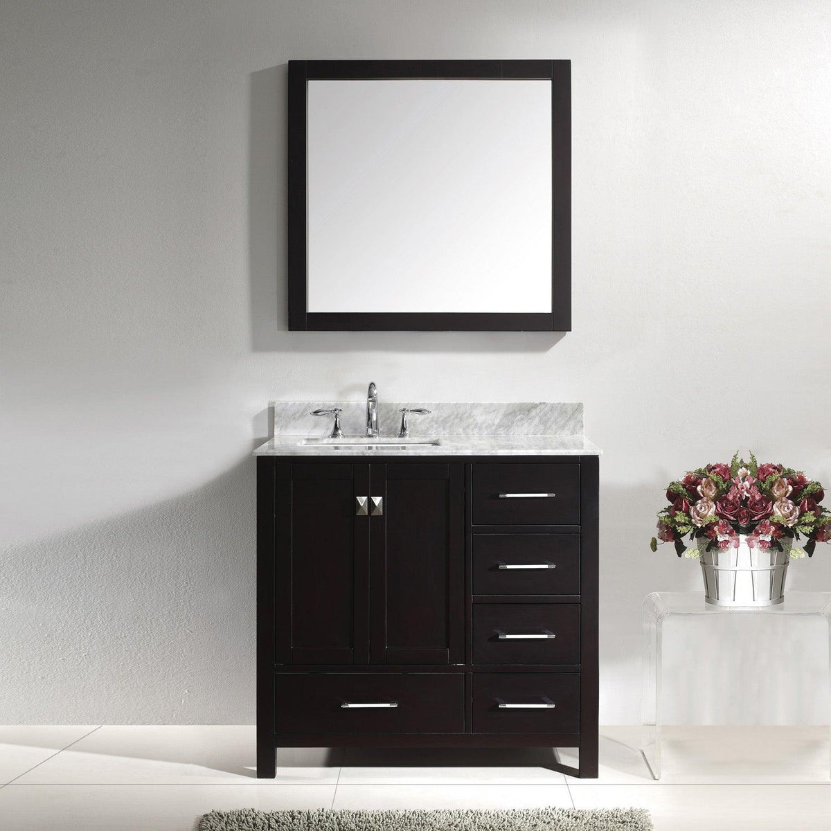 GS-50036-WMSQ-ES Espresso Caroline Avenue 36" Single Bath Vanity Set with Italian Carrara White Marble Top & Rectangular Left Offset Basin, Mirror