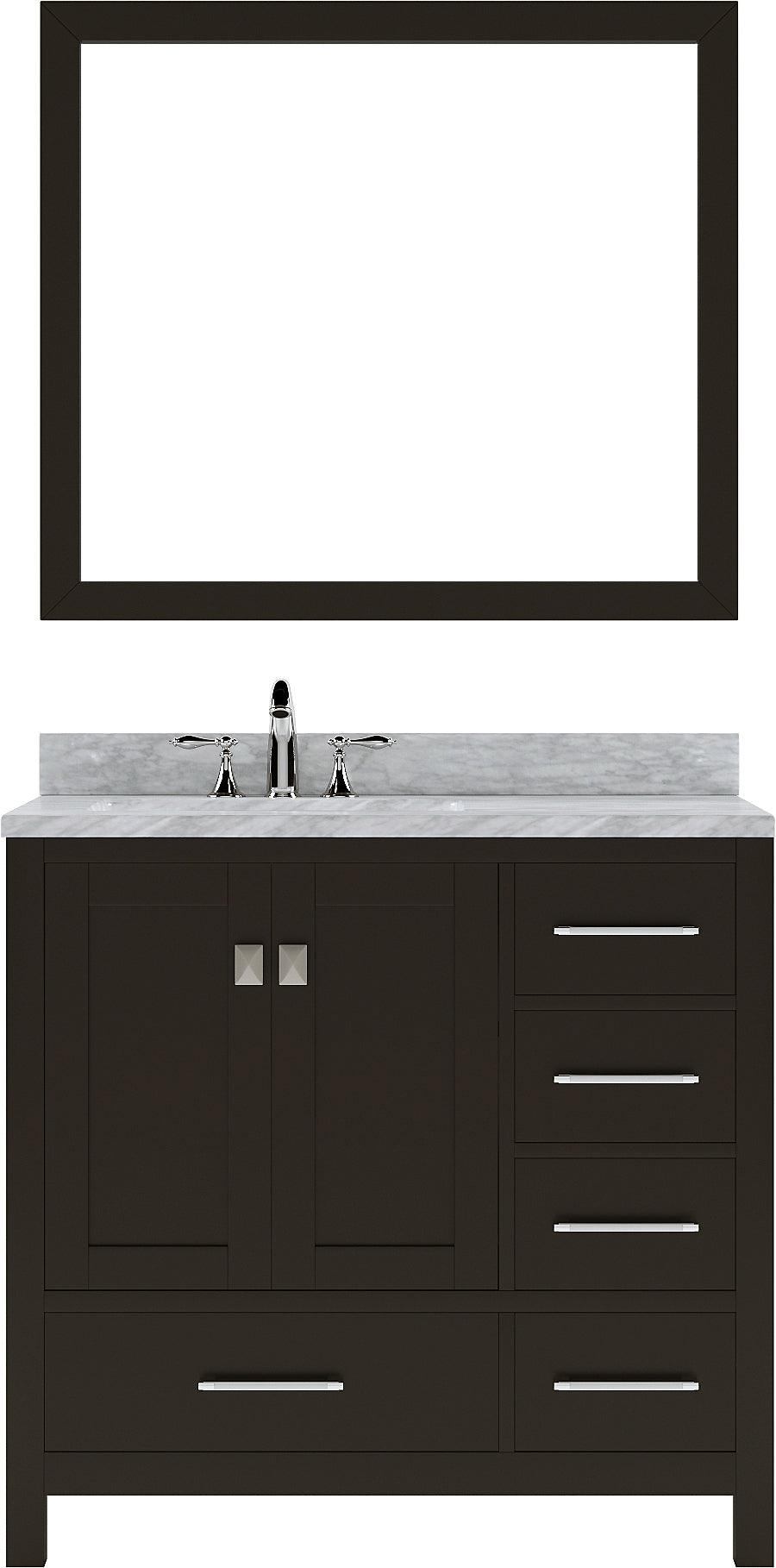 GS-50036-WMSQ-ES Espresso Caroline Avenue 36" Single Bath Vanity Set with Italian Carrara White Marble Top & Rectangular Left Offset Basin, Mirror