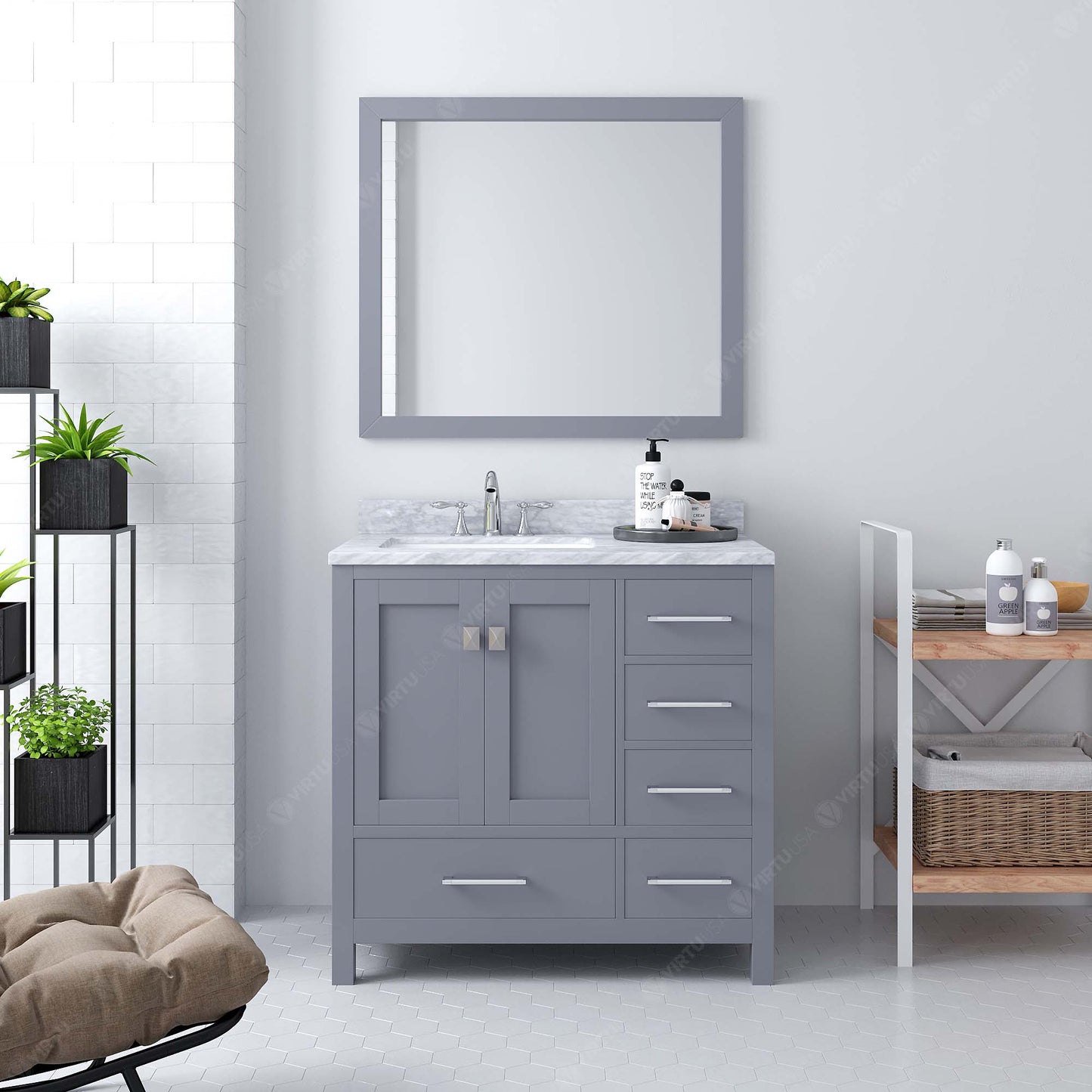 GS-50036-WMSQ-GR Gray Caroline Avenue 36" Single Bath Vanity Set with Italian Carrara White Marble Top & Rectangular Left Offset Basin, Mirror