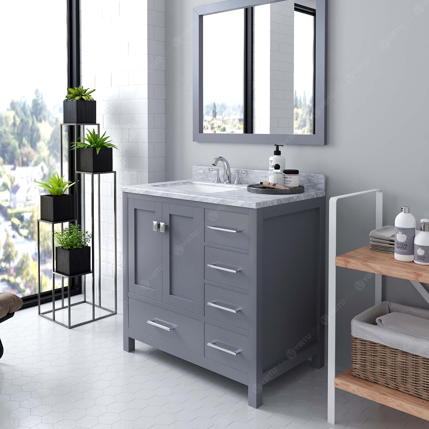 GS-50036-WMSQ-GR Gray Caroline Avenue 36" Single Bath Vanity Set with Italian Carrara White Marble Top & Rectangular Left Offset Basin, Mirror side