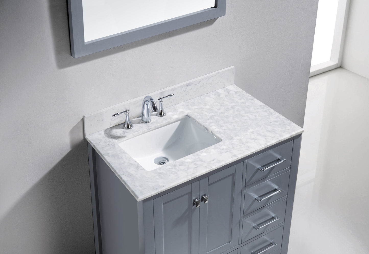 GS-50036-WMSQ-GR Gray Caroline Avenue 36" Single Bath Vanity Set with Italian Carrara White Marble Top & Rectangular Left Offset Basin, Mirror up