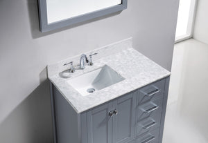 GS-50036-WMSQ-GR Gray Caroline Avenue 36" Single Bath Vanity Set with Italian Carrara White Marble Top & Rectangular Left Offset Basin, Mirror up