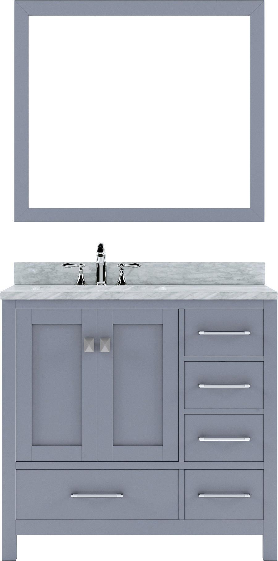 GS-50036-WMSQ-GR Gray Caroline Avenue 36" Single Bath Vanity Set with Italian Carrara White Marble Top & Rectangular Left Offset Basin, Mirror