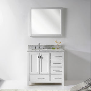 GS-50036-WMSQ-WH White Caroline Avenue 36" Single Bath Vanity Set with Italian Carrara White Marble Top & Rectangular Left Offset Basin, Mirror