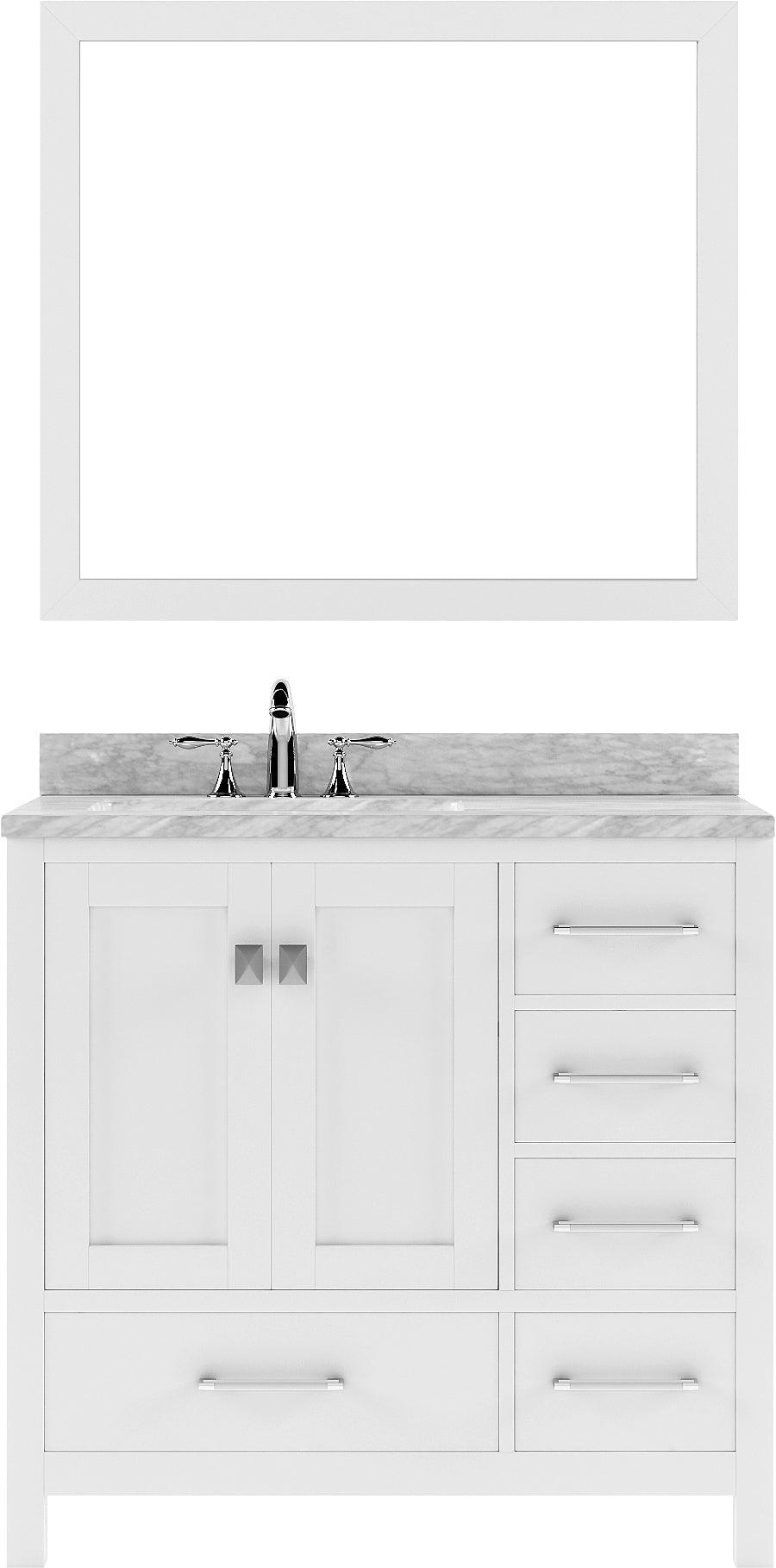 GS-50036-WMSQ-WH White Caroline Avenue 36" Single Bath Vanity Set with Italian Carrara White Marble Top & Rectangular Left Offset Basin, Mirror