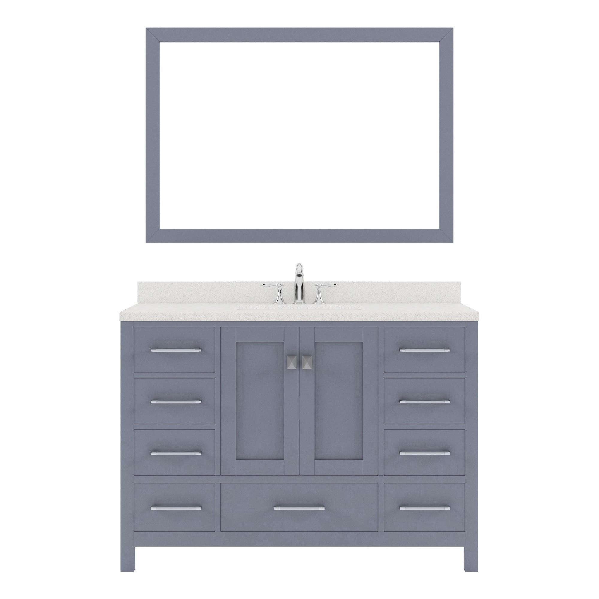 GS-50048-DWQSQ-GR Gray Caroline Avenue 48" Single Bath Vanity Set with Dazzle White Quartz Top & Rectangular Centered Basin, Mirror